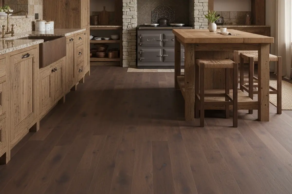Landhausküche mit dunklem Designboden in Holzoptik